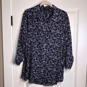 Navy Blue Sailboat Print Blouse